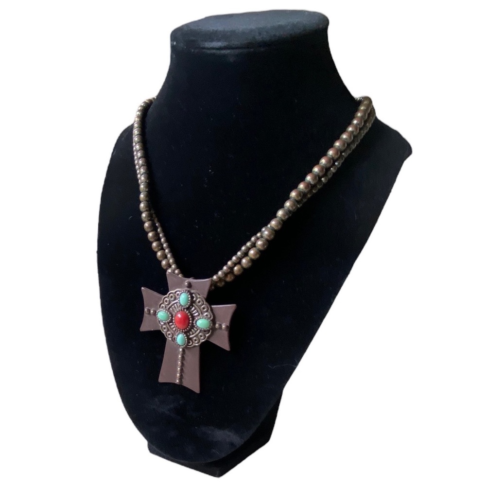 Bohemian Style Double Beaded Cross Turquoise Pendant Necklace